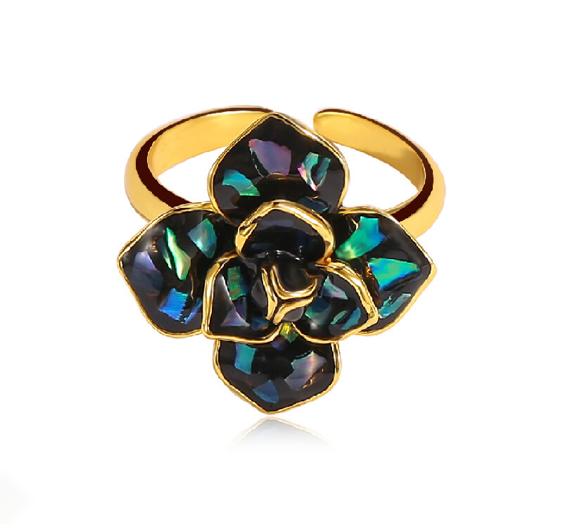 Camellia Flower Black Enamel Ring