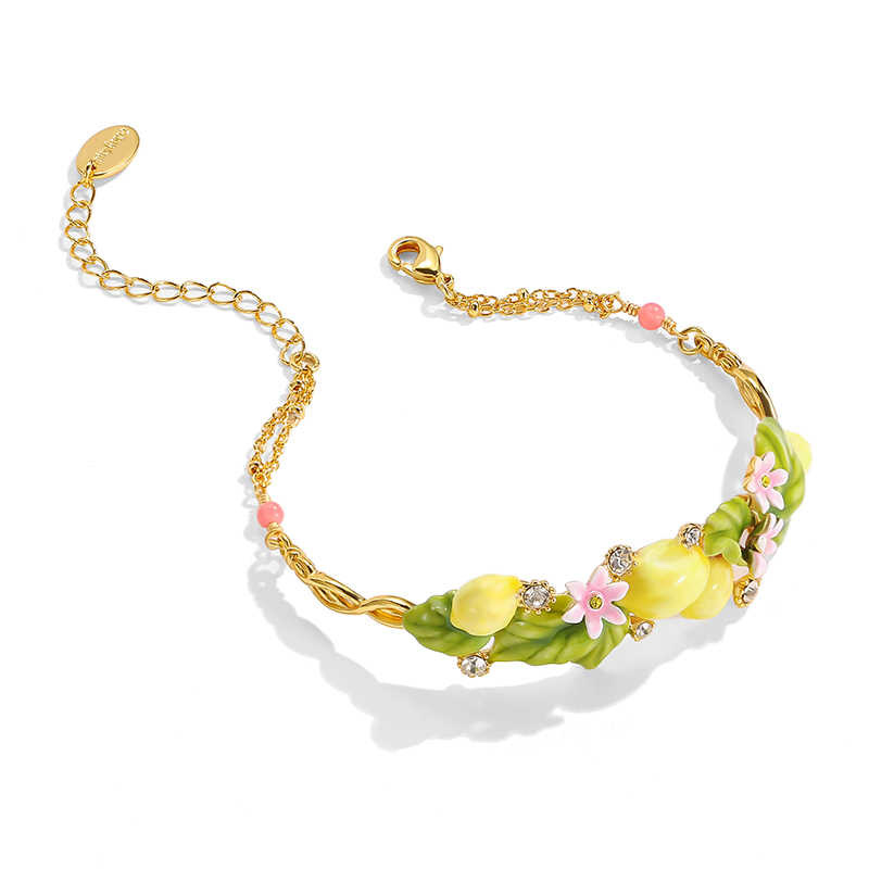 Lemon And Flower Enamel Chain Bangle Bracelet