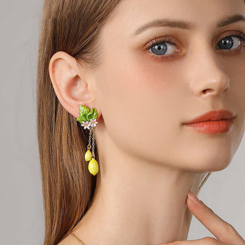 Lemon And Flower Enamel Dangle Tassel Earrings