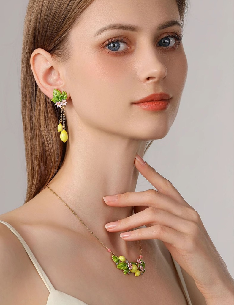 Lemon And Flower Enamel Dangle Tassel Earrings