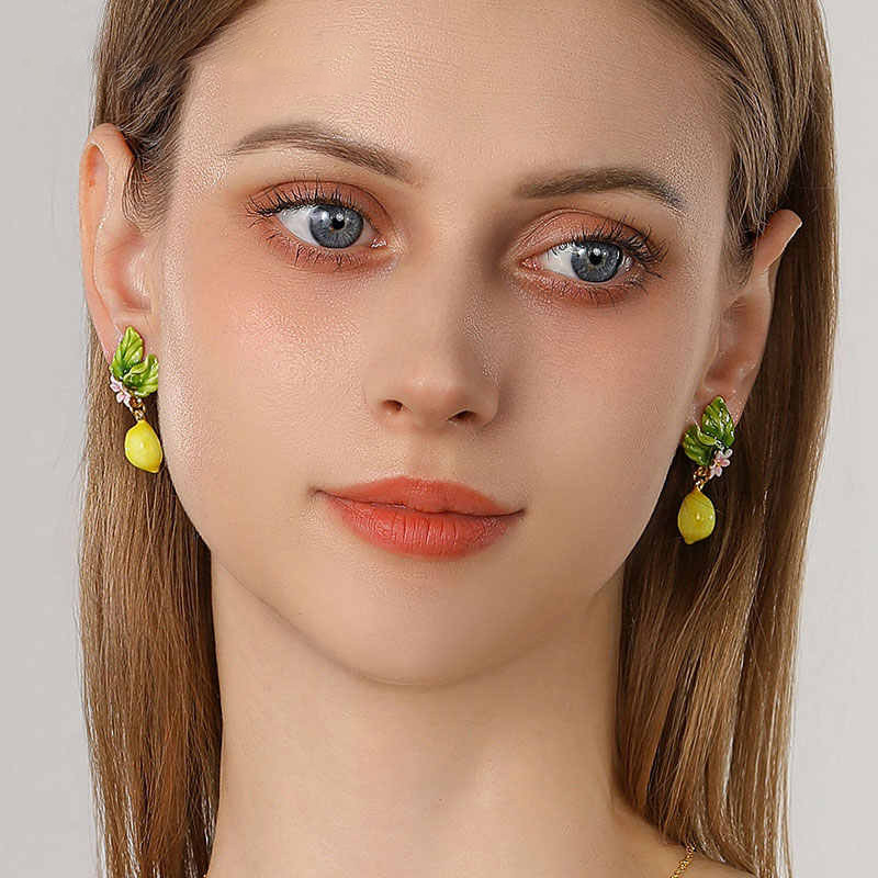 Lemon And Flower Enamel Dangle Earrings