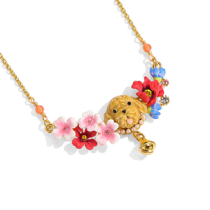 Cute Puppy And Flower Blossom Enamel Pendant Necklace