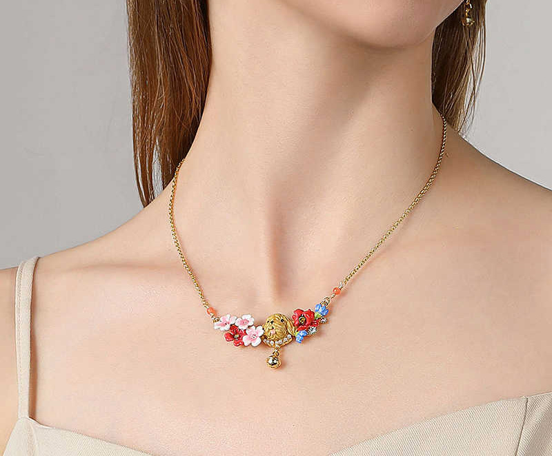 Cute Puppy And Flower Blossom Enamel Pendant Necklace