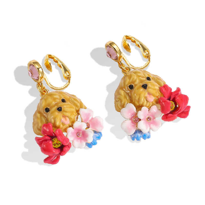 Cute Puppy With Flower Enamel Dangle Stud Earrings