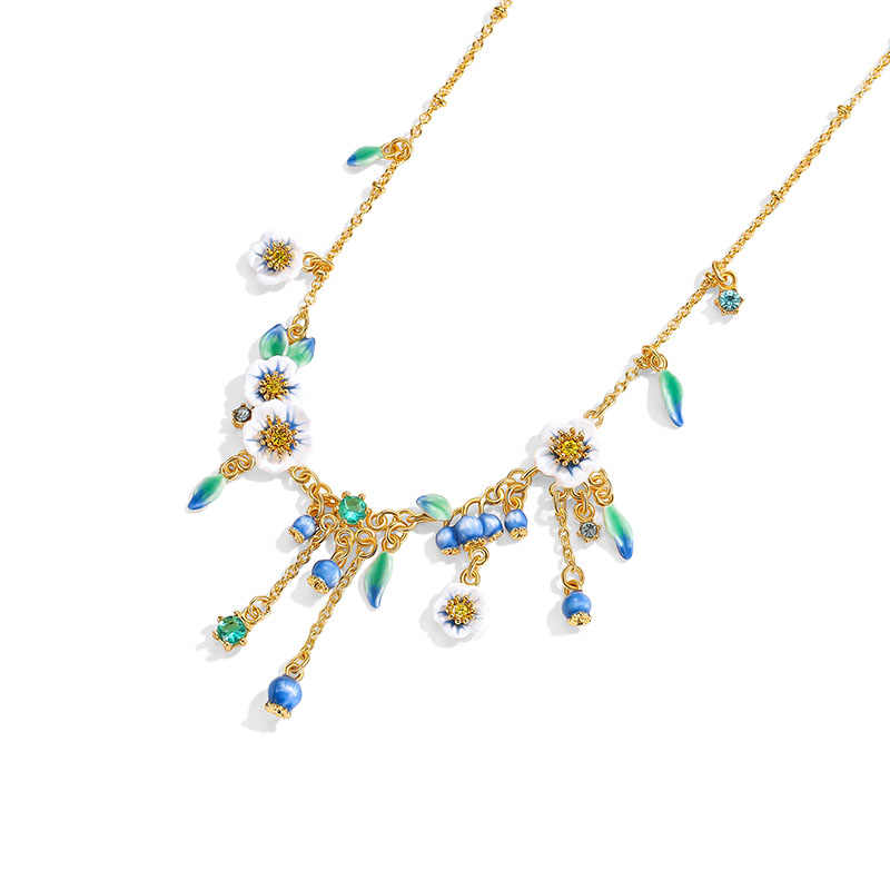 Blueberry Flower Zircon Enamel Chain Tassel Necklace