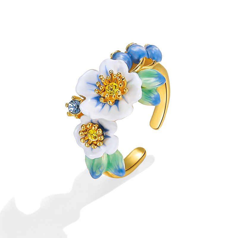 Flower And Blueberry Enamel Adjustable Ring