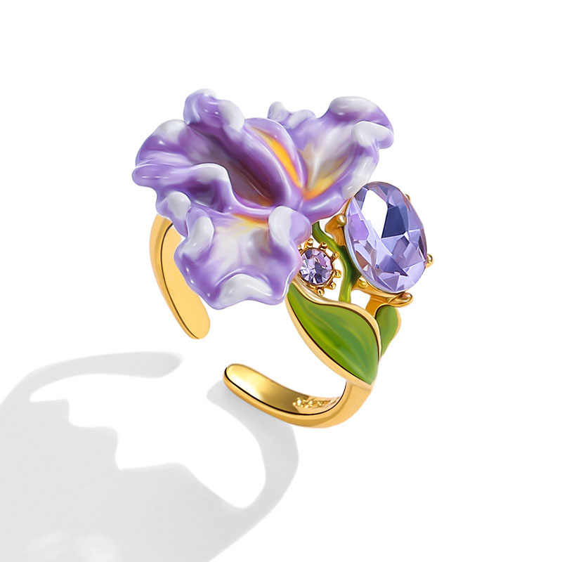 Purple Flower de Luce Irises And Gem Enamel Adjustable Ring2