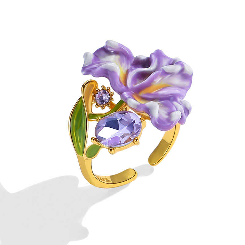 Purple Flower de Luce Irises And Gem Enamel Adjustable Ring1