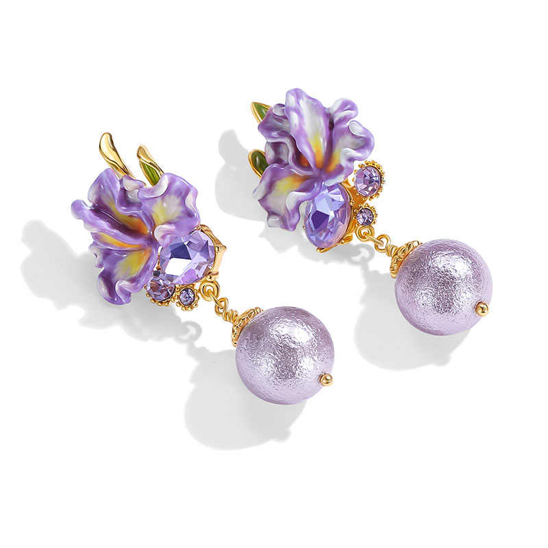 Purple Flower de Luce Irises And Gem Enamel Dangle Stud Earrings1