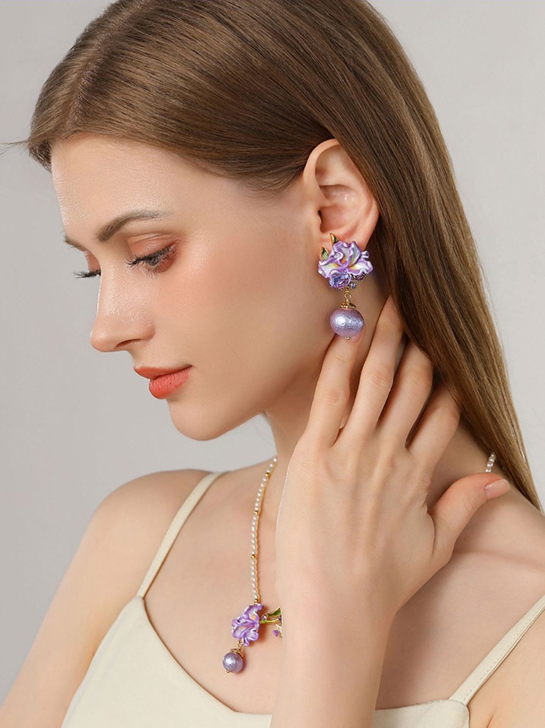 Purple Flower de Luce Irises And Gem Enamel Dangle Stud Earrings3