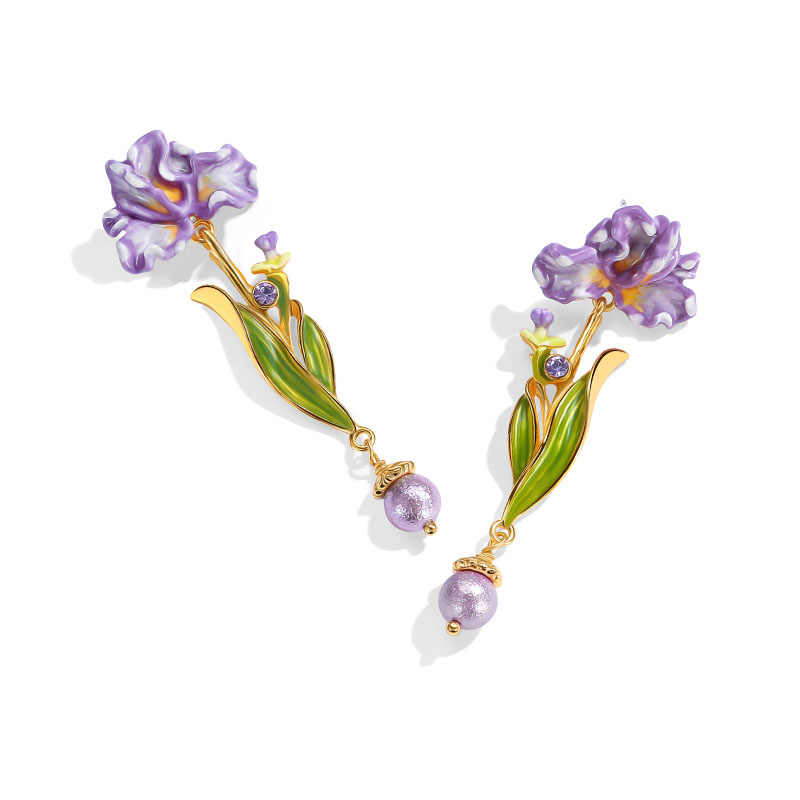 Purple Flower Irises de Luce And Gem Enamel Dangle Stud Earrings1