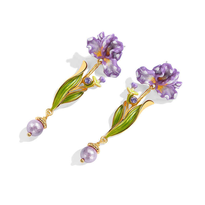 Purple Flower Irises de Luce And Gem Enamel Dangle Stud Earrings2