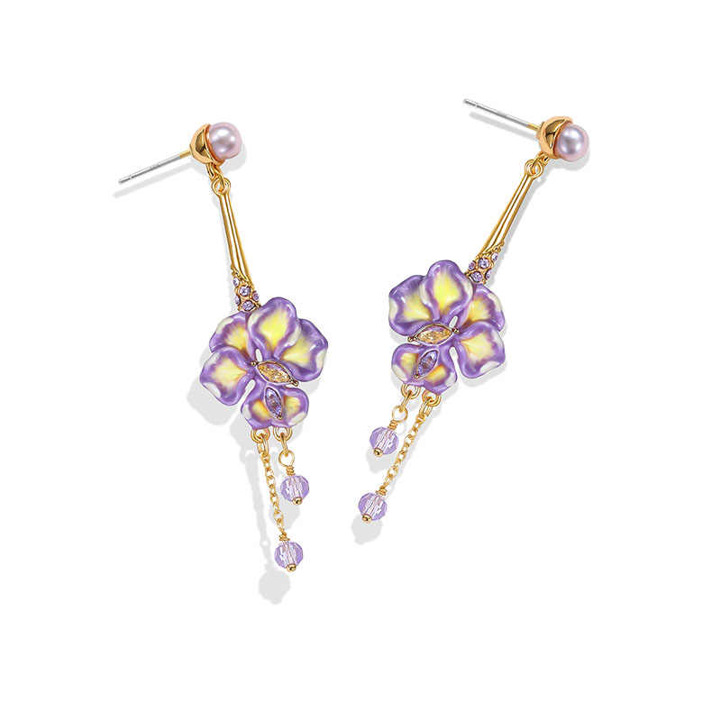 Purple Flower Irises de Luce And Gem Enamel Dangle Tassel Stud Earrings1