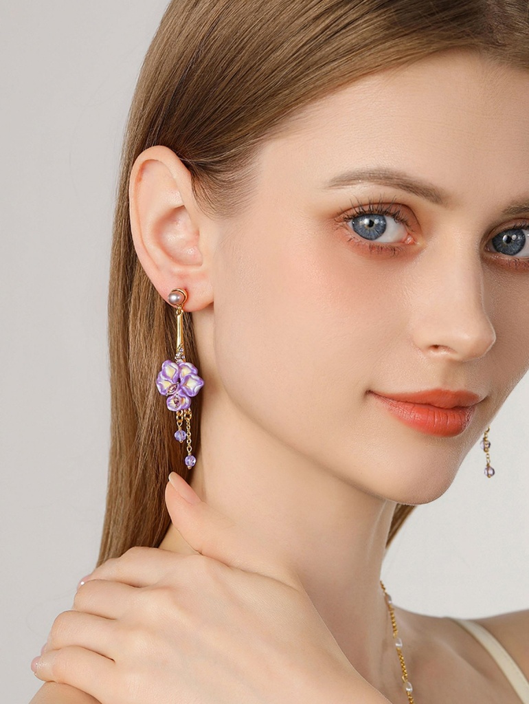 Purple Flower Irises de Luce And Gem Enamel Dangle Tassel Stud Earrings3