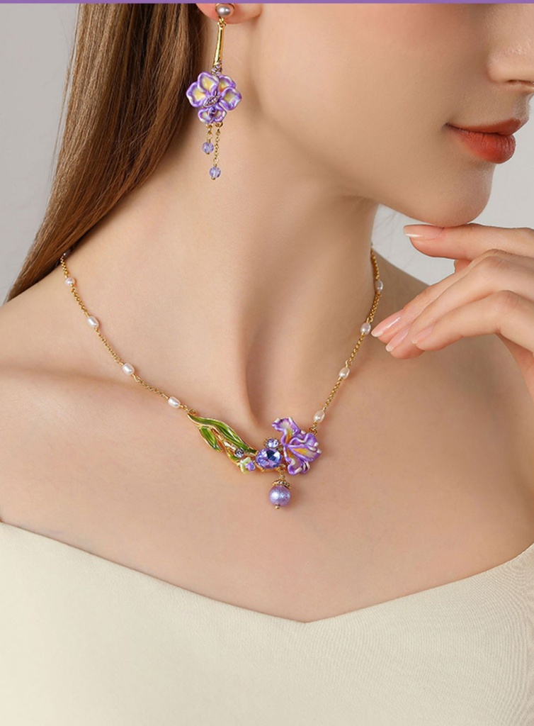 Purple Flower Irises de Luce And Gem Pearl Enamel Pendant Earrings3