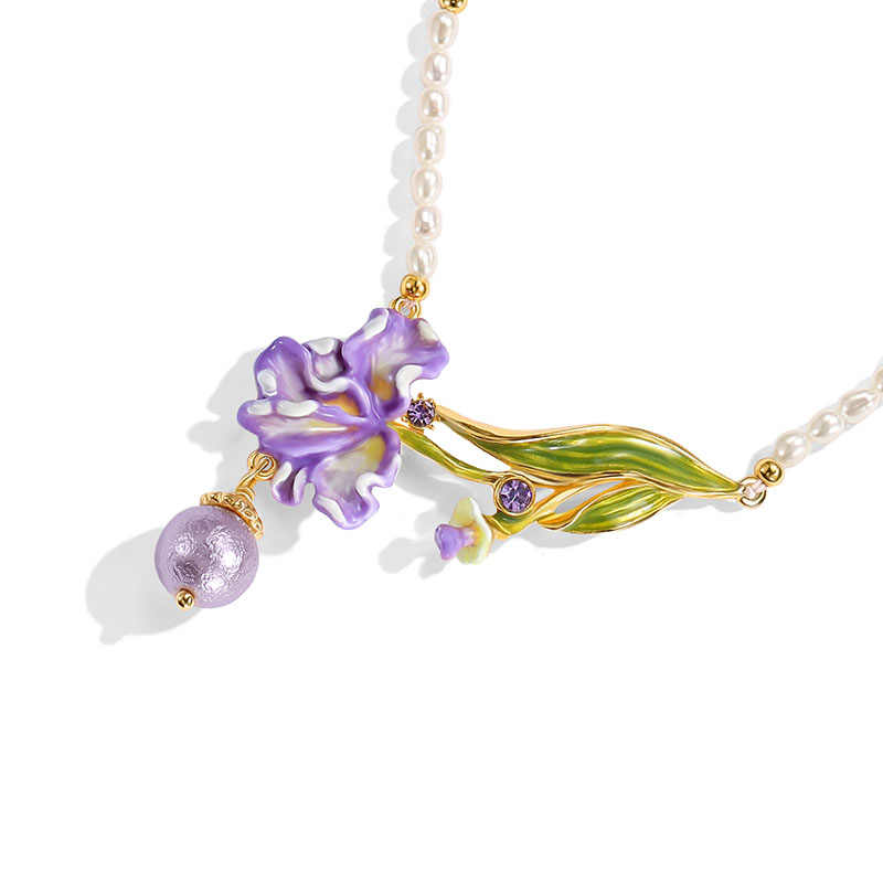 Purple Flower Irises de Luce And Pearl Enamel Pendant Necklace1