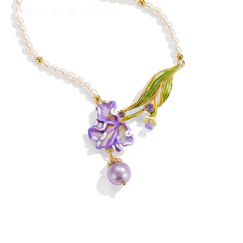 Purple Flower Irises de Luce And Pearl Enamel Pendant Necklace2