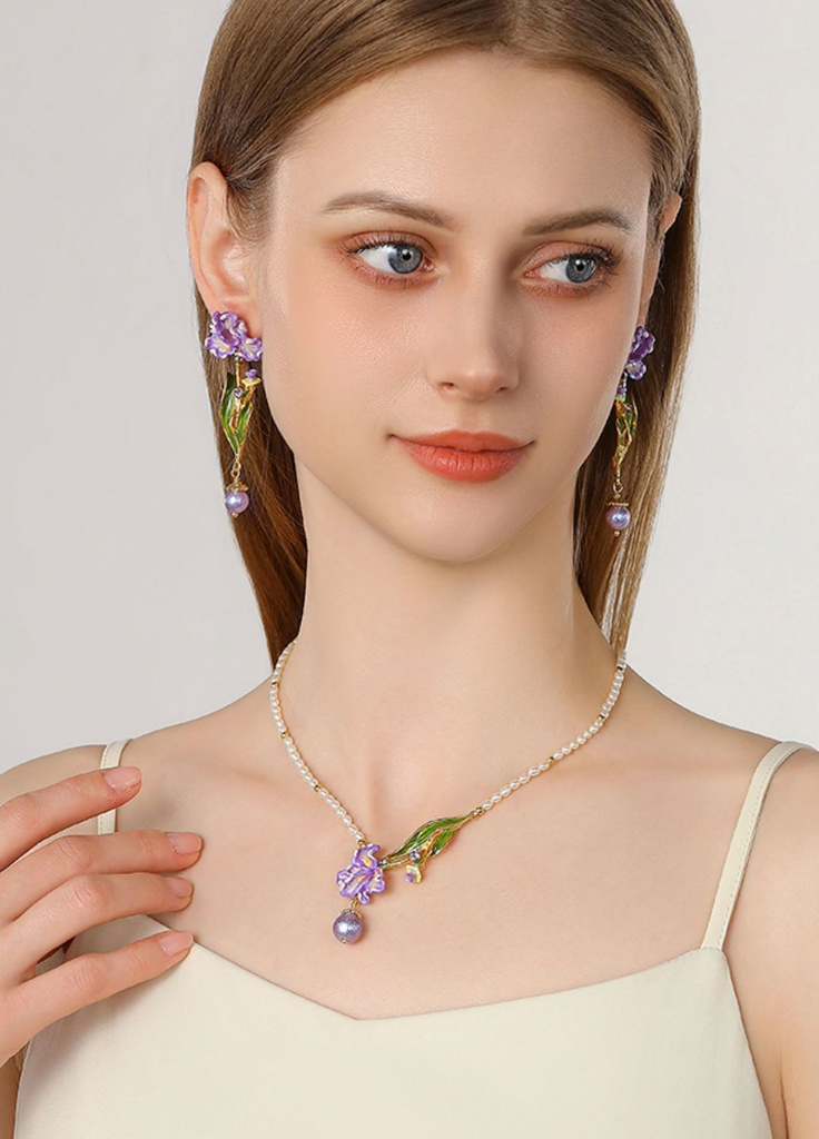 Purple Flower Irises de Luce And Pearl Enamel Pendant Necklace3