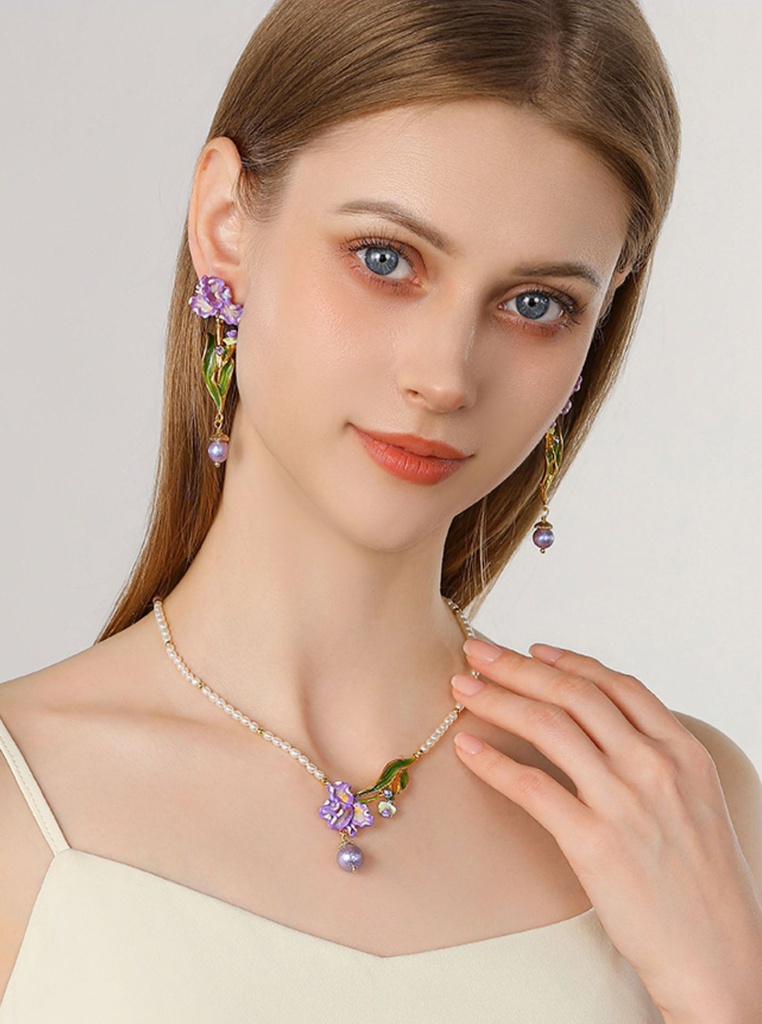 Purple Flower Irises de Luce And Pearl Enamel Pendant Necklace4