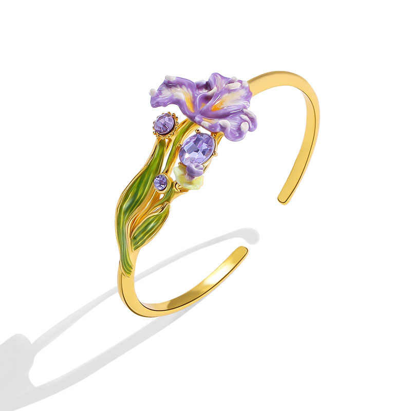 Purple Flower Irises de Luce And Gem Enamel Adjustable Bangle Bracelet2