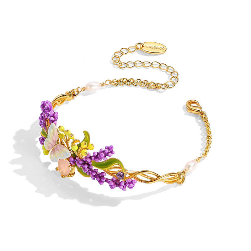 Lavender Purple Flower And Butterfly Enamel Chain Bracelet2