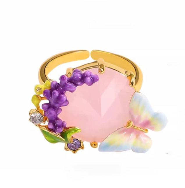 Lavender Purple Flower And Butterfly Enamel Adjustable Ring2