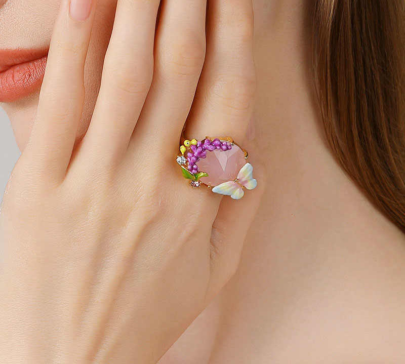 Lavender Purple Flower And Butterfly Enamel Adjustable Ring3