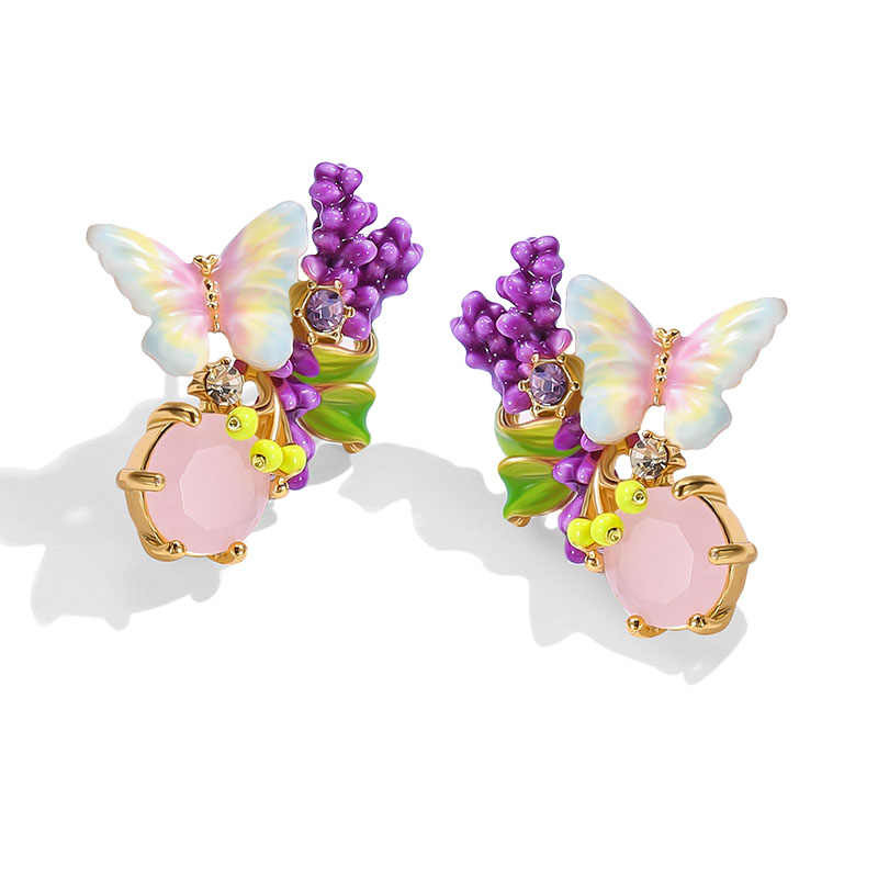 Lavender Purple Flower And Butterfly Stone Enamel Stud Earrings2