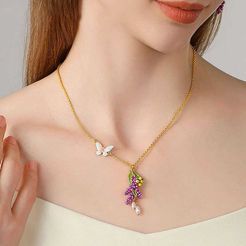 Lavender Purple Flower And Butterfly Pearl Enamel Pendant Necklace3