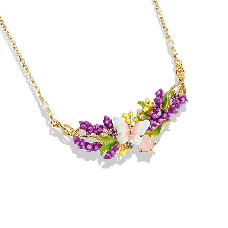 Lavender Purple Flower Branch With Butterfly Enamel Pendant Necklace1