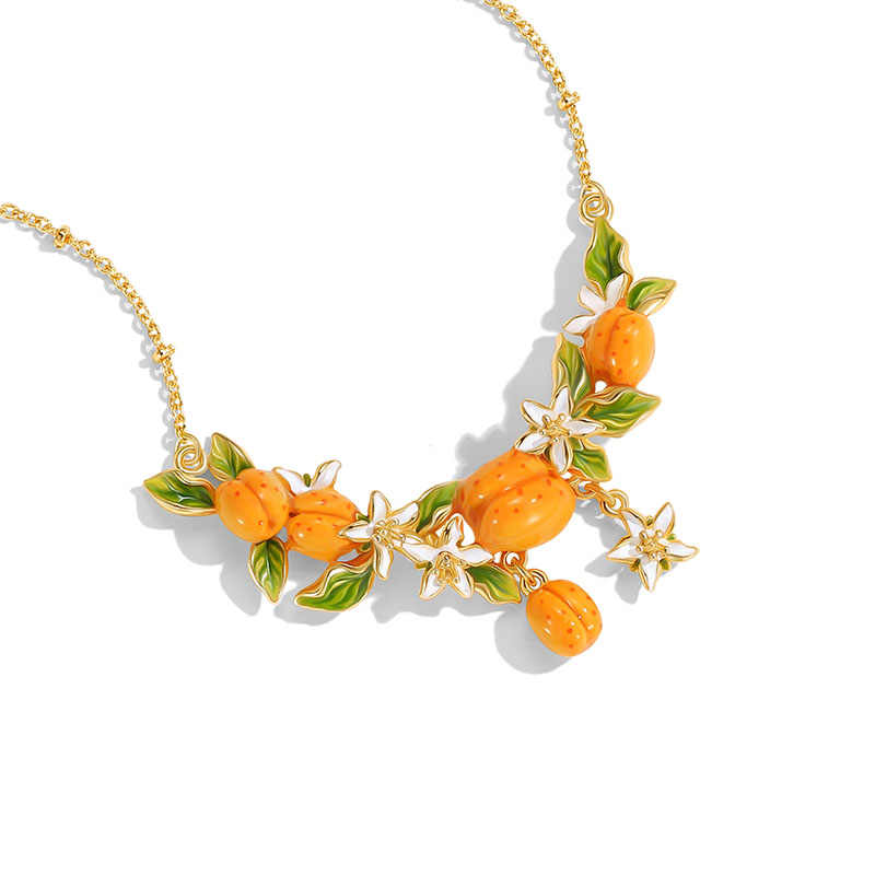 Fruit Apricot Flower Blossom Enamel Pendant Necklace1