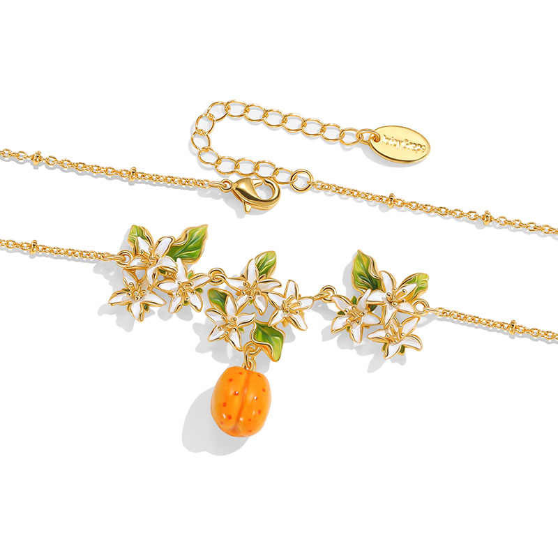 Flower Blossom With Fruit Apricot Enamel Pendant Necklace2