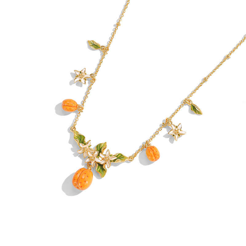 Flower Blossom With Fruit Apricot Enamel Charm Pendant Necklace1