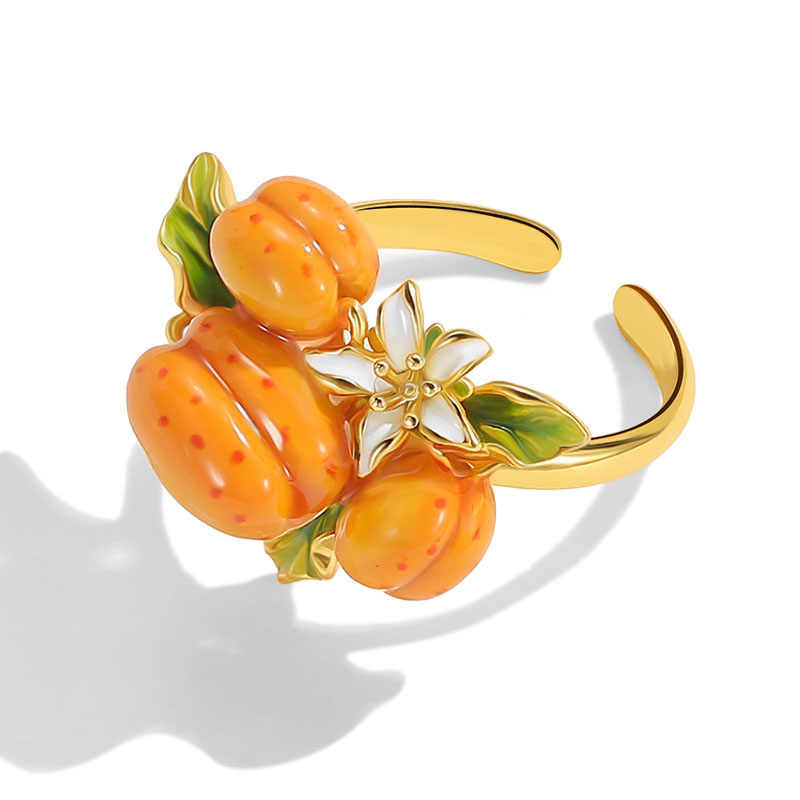 Fruit Apricot With Flower Enamel Adjustable Ring2