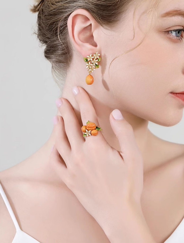 Fruit Apricot With Flower Enamel Adjustable Ring3