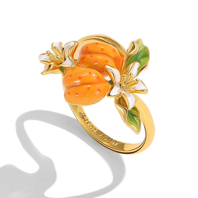 Fruit Apricot White Flower Enamel Adjustable Ring1