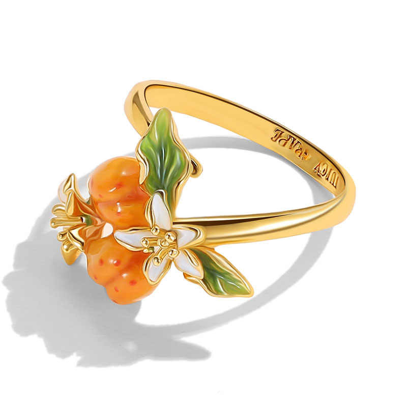 Fruit Apricot White Flower Enamel Adjustable Ring2