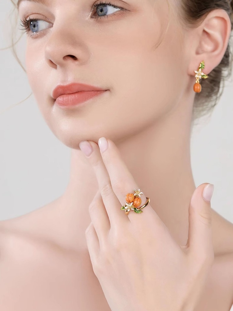 Fruit Apricot White Flower Enamel Adjustable Ring4