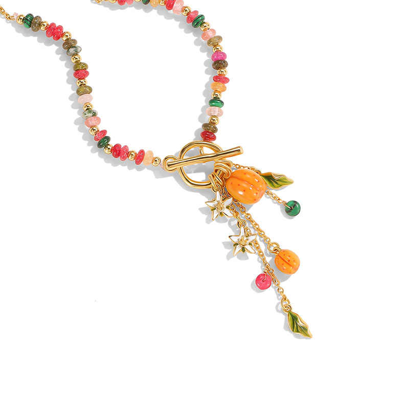 Flower With Fruit Apricot Enamel T Shape Pendant Necklace1