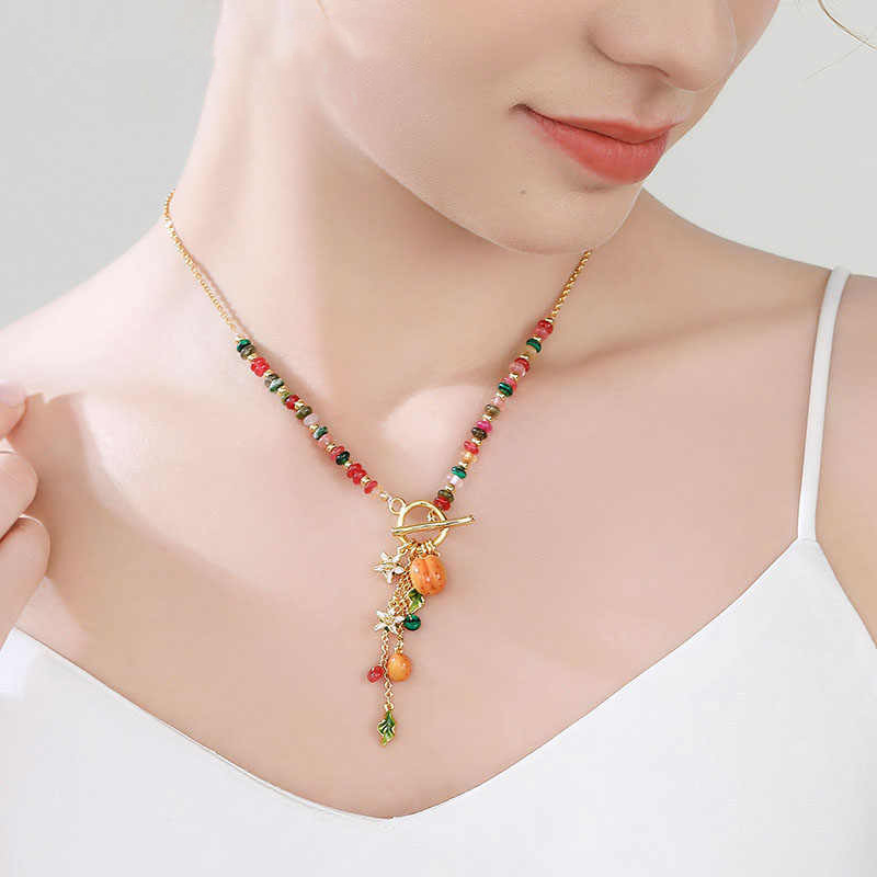 Flower With Fruit Apricot Enamel T Shape Pendant Necklace3