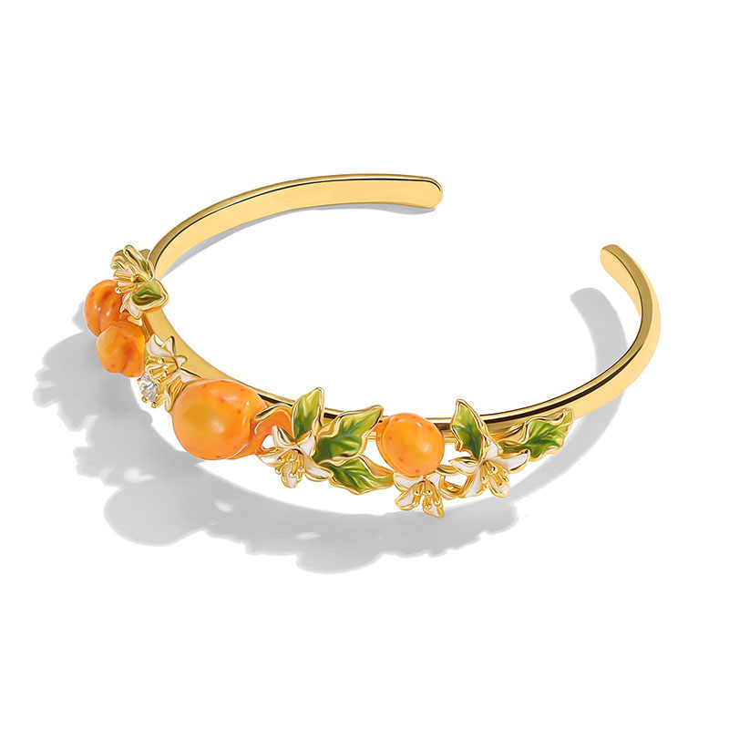 Flower With Fruit Apricot Enamel Bangle Bracelet1