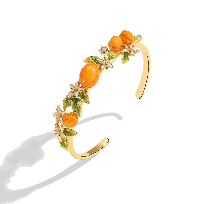 Flower With Fruit Apricot Enamel Bangle Bracelet2