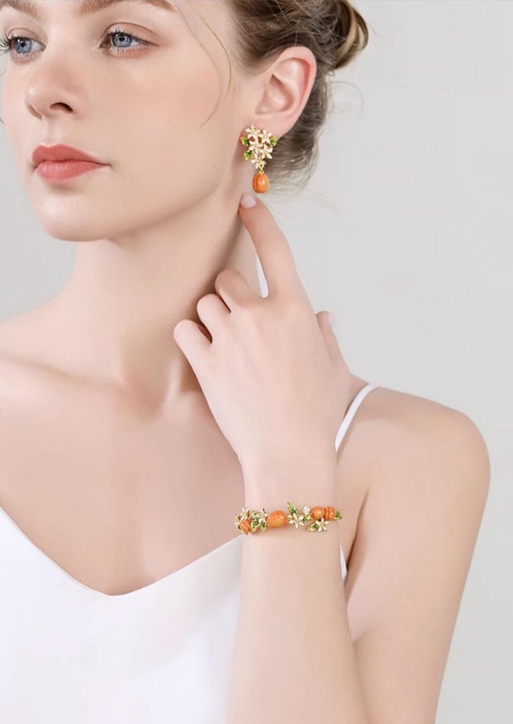 Flower With Fruit Apricot Enamel Bangle Bracelet3