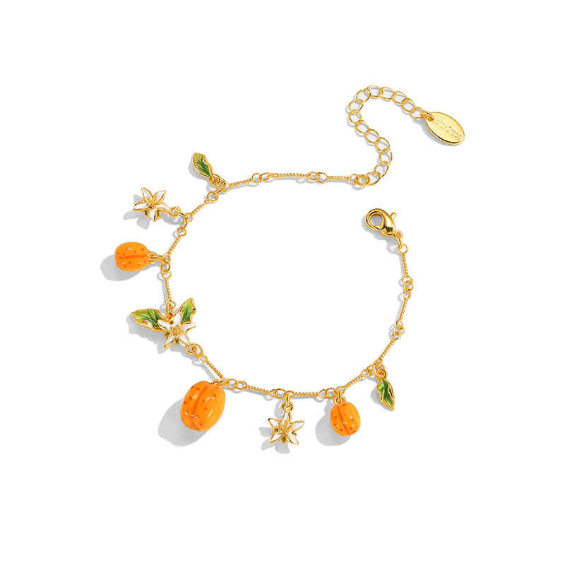 Flower With Fruit Apricot Enamel Charm Chain Bracelet2