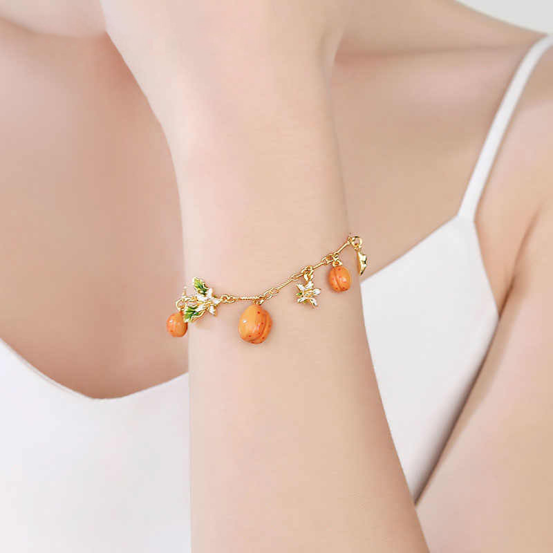 Flower With Fruit Apricot Enamel Charm Chain Bracelet3