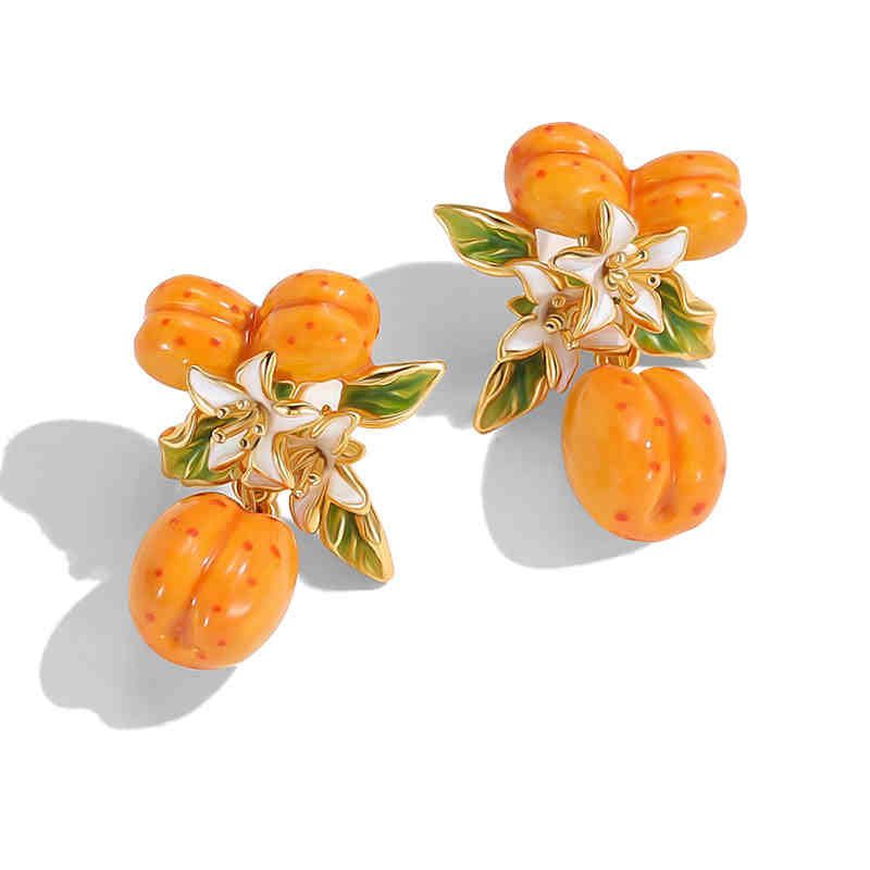 Fruit Apricot With Flower Enamel Dangle Stud Earrings1