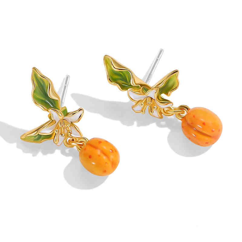 Fruit Apricot Flower Enamel Dangle Stud Earrings2