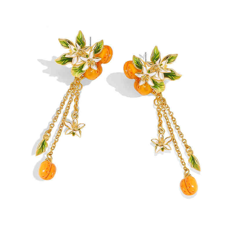 Fruit Apricot And Flower Enamel Dangle Tassel Stud Earrings1