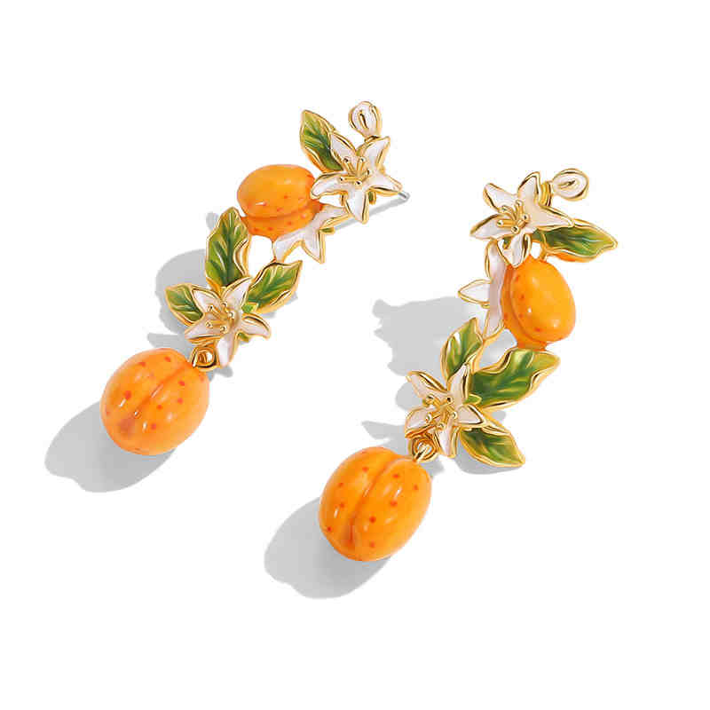 Fruit Apricot With Flower Blossom Enamel Dangle Earrings1