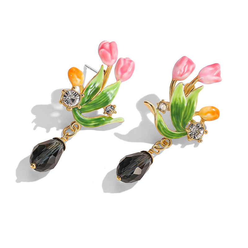 Tulip Flower Zircon Enamel Dangle Stud Earrings1